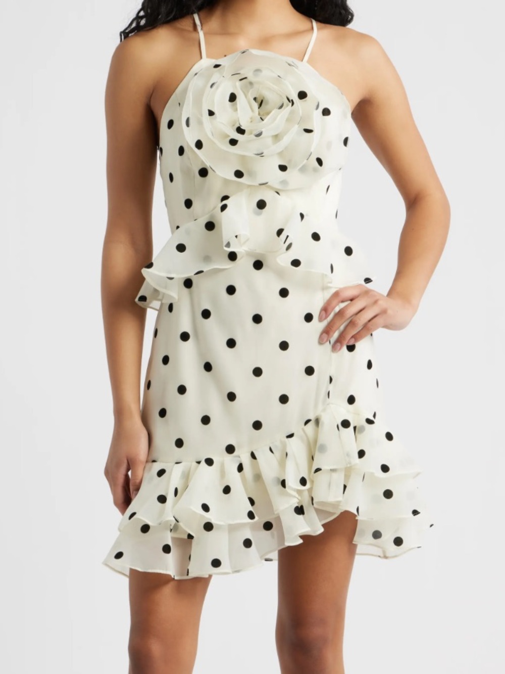 Lucy Paris Remy Polka Dot Flower Rosette Ruffle Minidress in Black & White Med